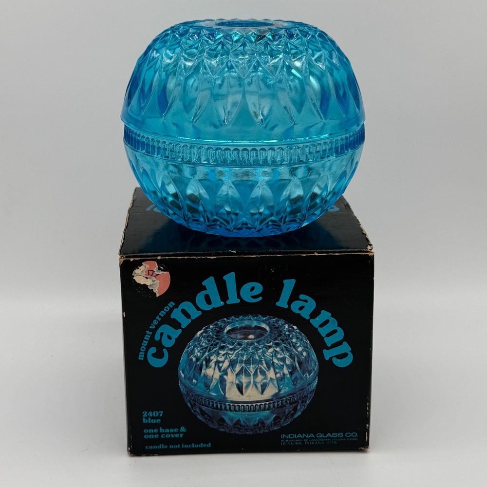 Vtg Indiana Glass Mount Vernon Fairy Lamp Hanover Blue Diamond Point NOS RARE